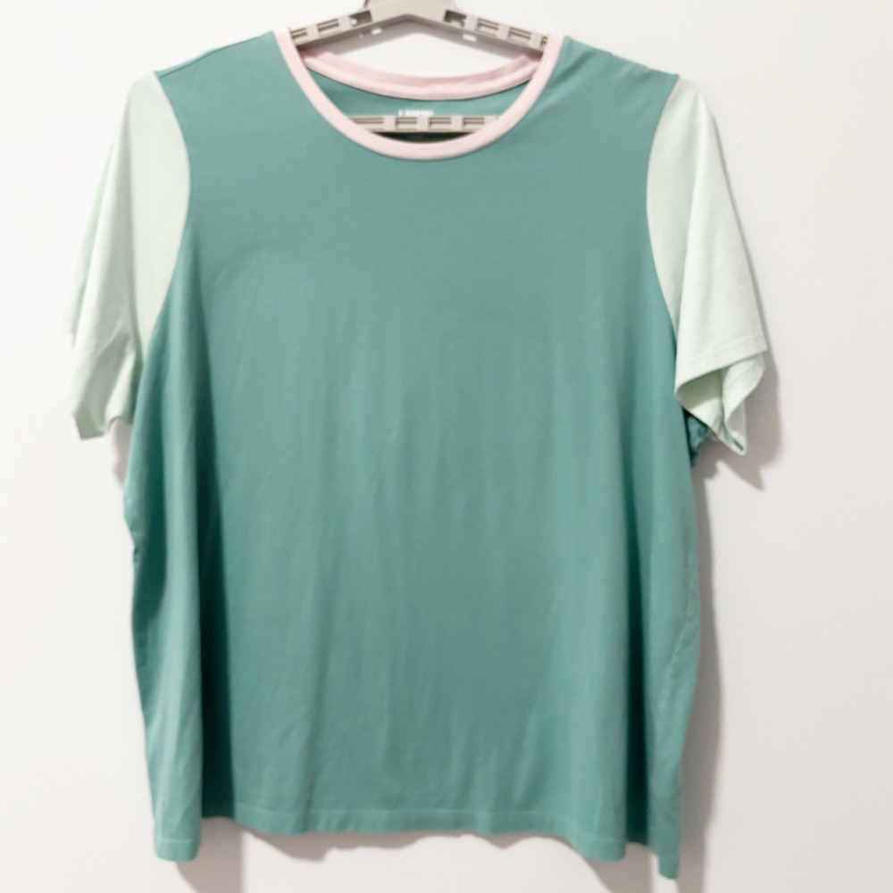 Lands' End T-Shirt Womens Size 3XL Green Colorblock Cotton Crewneck Short Sleeve